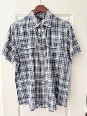Michael Kors Men's Navy and White Plaid Short-Sleeve Button-Down Shirt